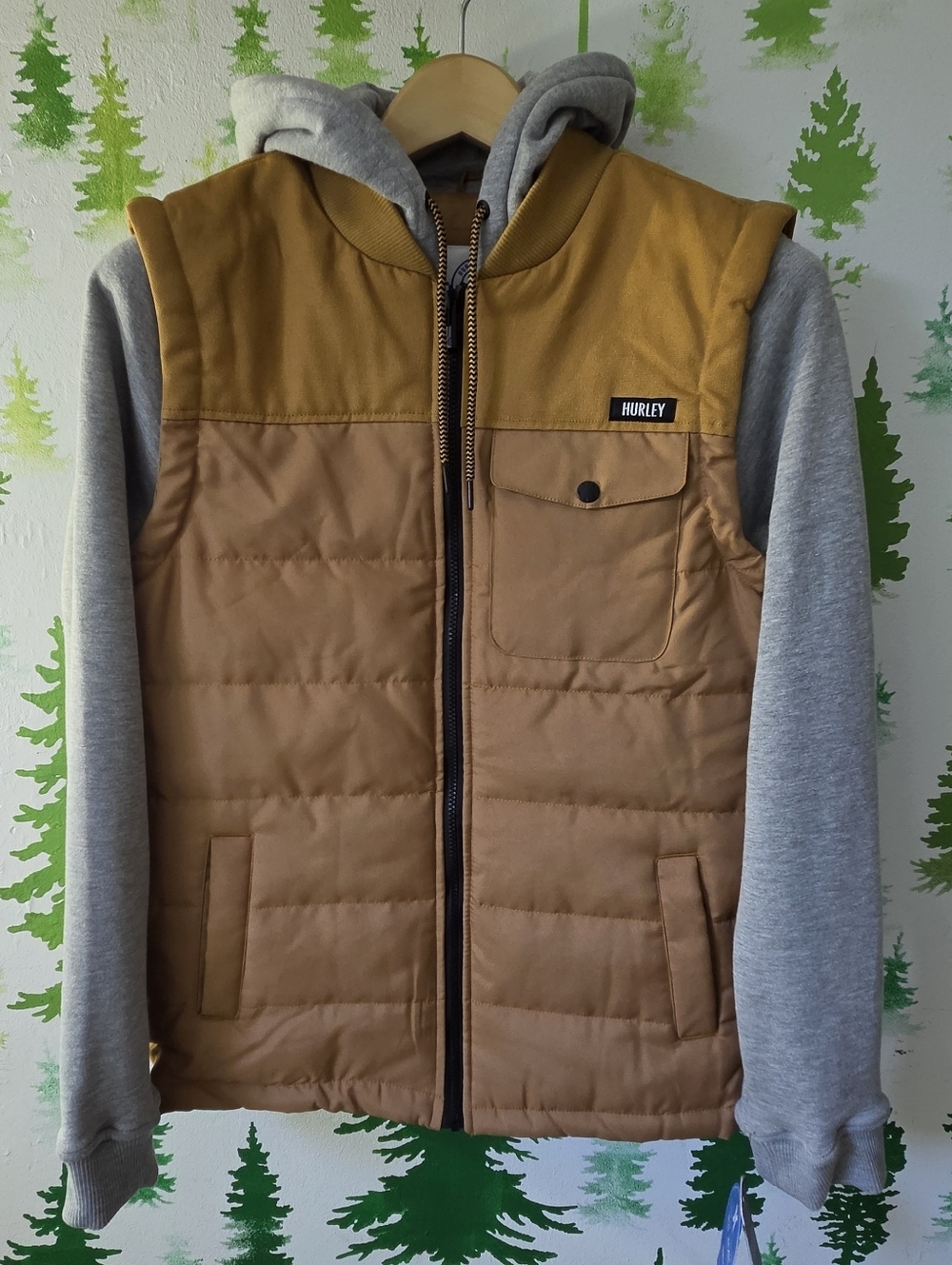 Hurley Men's Tan & Gray Quilted Hooded Jacket